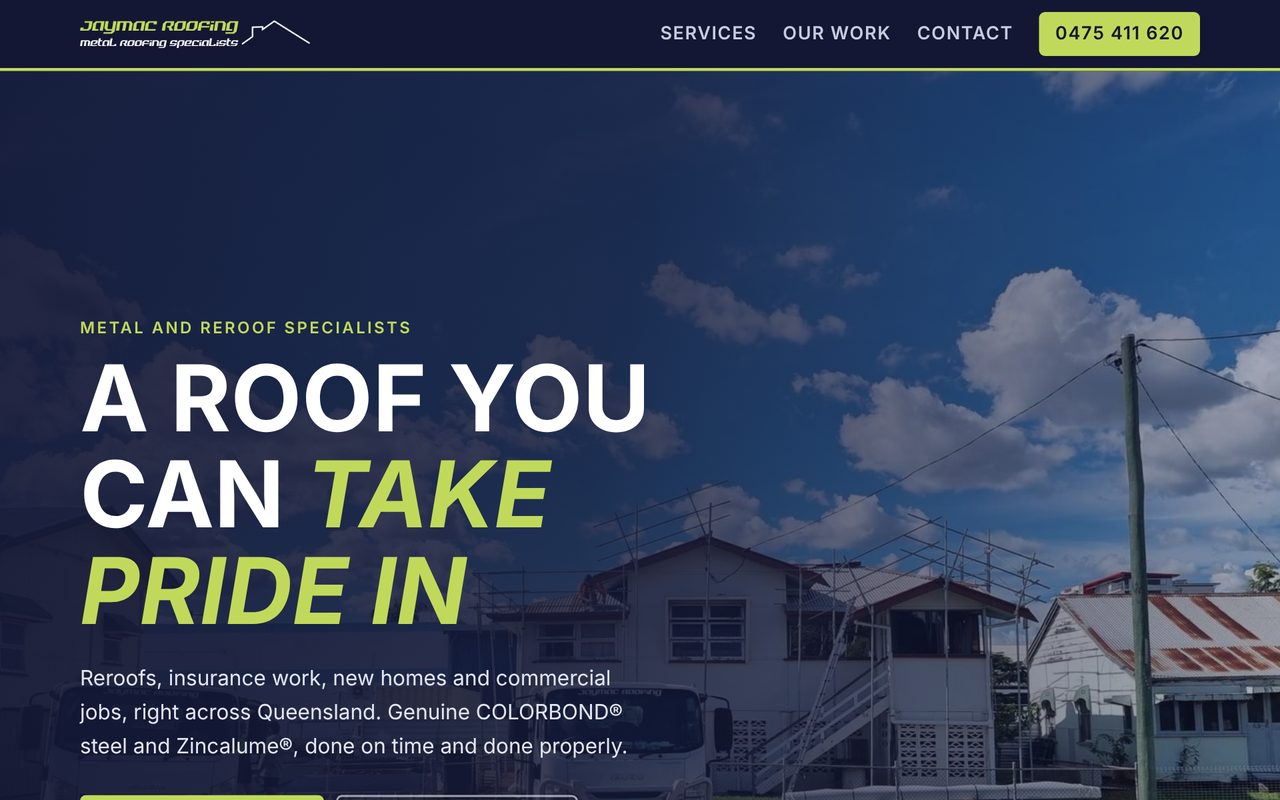 Home page of the Jaymac Roofing website, showing a reroof job in progress under a blue sky